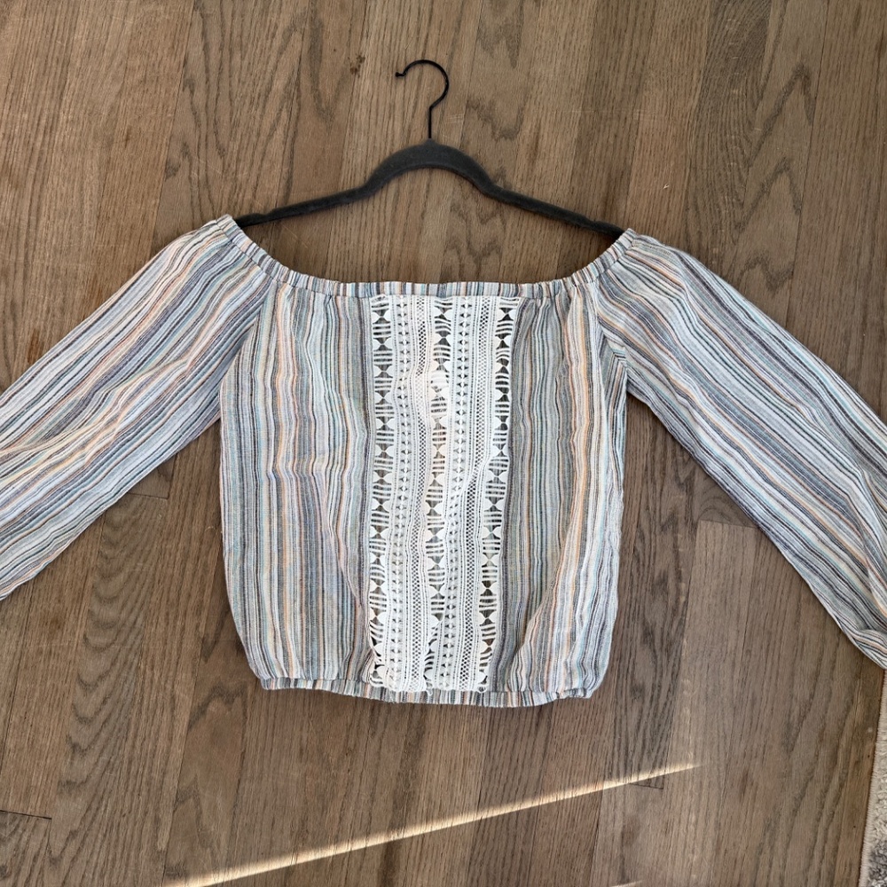 Lucca Off the Shoulder Striped‎ Crop Top with Lace Detail